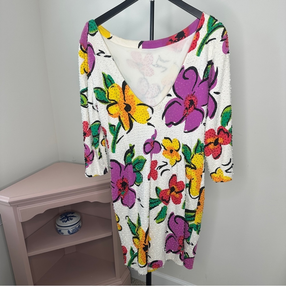VINTAGE Adrienne Vittadini Colorful Floral Beaded Dress LARGE - Picture 3 of 8